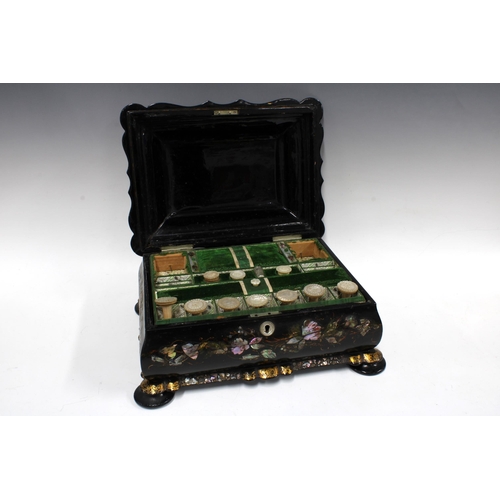 377 - Victorian black lacquered, abalone inlaid and gilt sewing box, with mother of pearl inlay and fitted... 