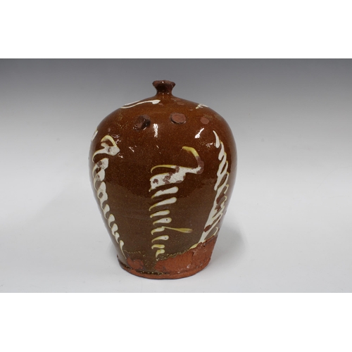 380 - A large slipware salt jar, 27cm, together with another smaller, a chamber pot, and a vintage cardboa... 