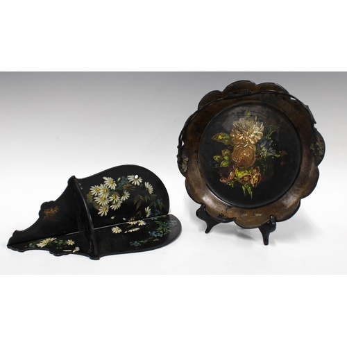 381 - Black lacquer papier mache floral painted corner shelf, 16 x 29cm, together with a painted papier ma... 