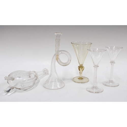 389 - Two 19th century opaque twist stem wine glasses, 14cm, together with an amber tinted Facon de Venise... 