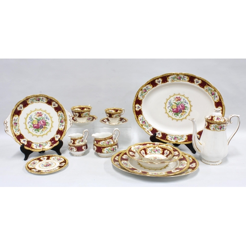 391 - Royal Albert 'Lady Hamilton' dinner set and teaset, including two coffee pots, cream jugs and sugar ... 