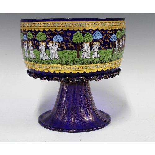 396 - Murano Venetian cobalt blue marriage cup, with coloured enamels depicting a painted scene of figures... 