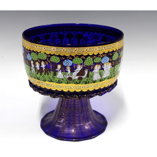 396 - Murano Venetian cobalt blue marriage cup, with coloured enamels depicting a painted scene of figures... 