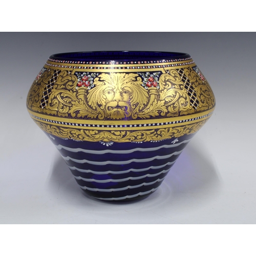 397 - Murano Venetian cobalt blue and white swirl glass bowl with a decorative gilded rim with lions head ... 