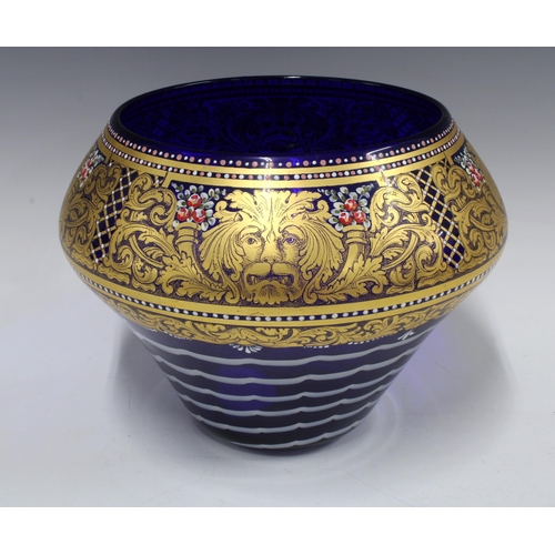 397 - Murano Venetian cobalt blue and white swirl glass bowl with a decorative gilded rim with lions head ... 