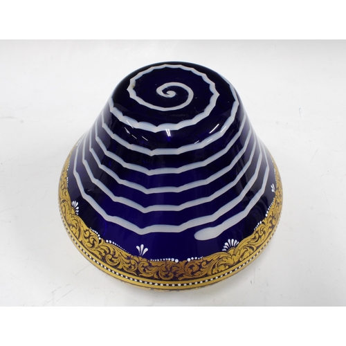 397 - Murano Venetian cobalt blue and white swirl glass bowl with a decorative gilded rim with lions head ... 