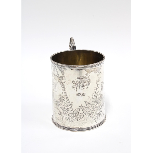 4 - Victorian silver beaker with an engraved pattern of two Eastern fishermen, Sheffield 1881, 9cm