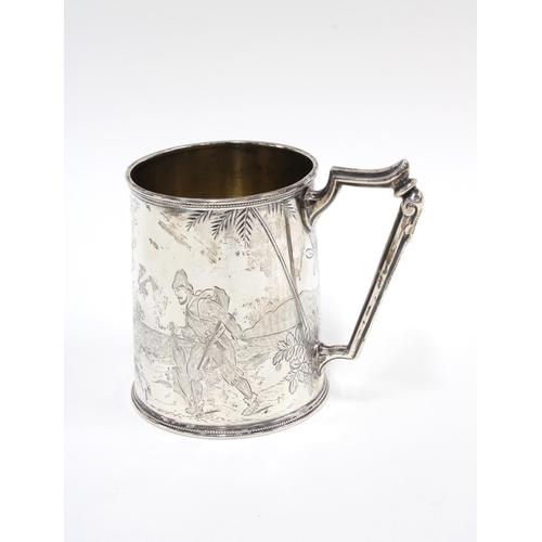 4 - Victorian silver beaker with an engraved pattern of two Eastern fishermen, Sheffield 1881, 9cm