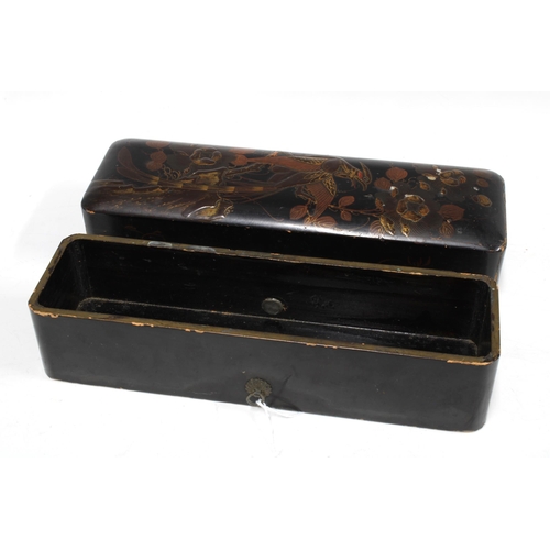 403 - Japanese black lacquer glove box, decorated with a bird and flowers, 27 x 6 x 9cm