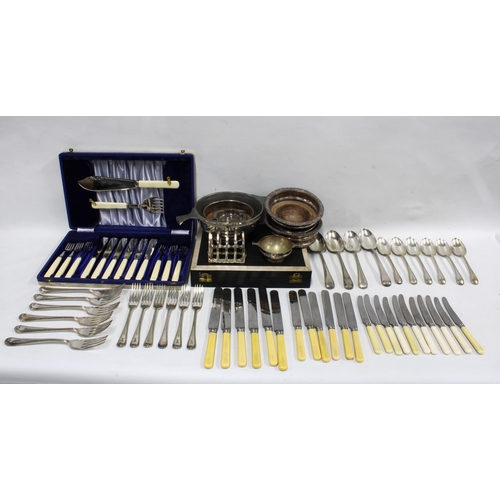 407 - Box containing a quantity of  Epns cased sets of cutlery, some with composite handles, a pewter trop... 