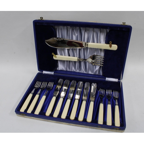 407 - Box containing a quantity of  Epns cased sets of cutlery, some with composite handles, a pewter trop... 