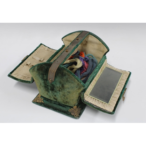 413 - Victorian velvet and gilt metal mounted sewing box with fold open lid, 22 x 15 x 18cm