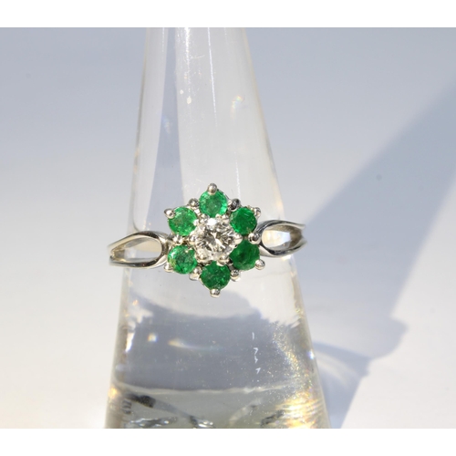 51 - 14ct white gold diamond and emerald cluster ring, stamped 14k, size N1/2