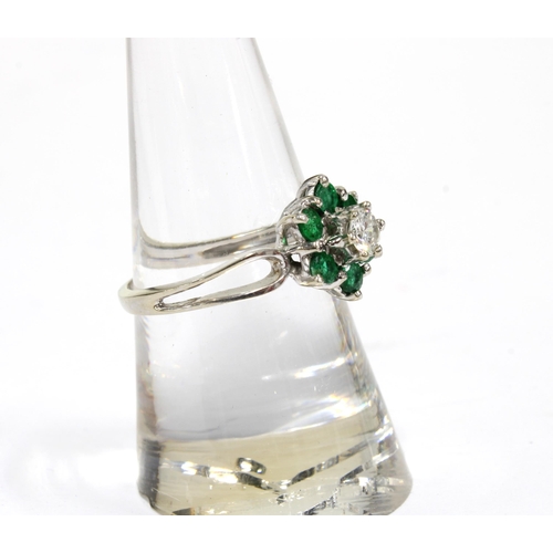 51 - 14ct white gold diamond and emerald cluster ring, stamped 14k, size N1/2