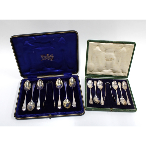 71 - Two cased set of silver teaspoons with matching sugar tongs (2)