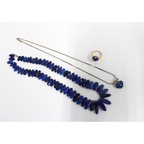 93 - 9ct gold lapis lazuli ring together with lapis beads and a pendant (3)