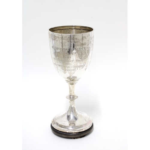 97 - George V silver goblet presentation cup, Chester 1911, on a wooden base, 20cm high overall