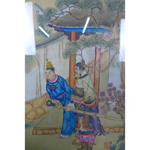 168 - Chinese Hong Lou Meng watercolour, framed under glass, 49n x 39cm