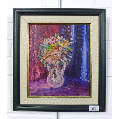 171 - Still life vase of flowers, oil on canvas, signed indistinctly. framed, 24 x 28cm