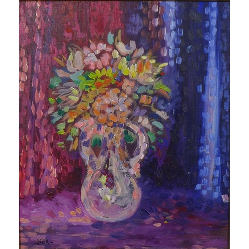 171 - Still life vase of flowers, oil on canvas, signed indistinctly. framed, 24 x 28cm