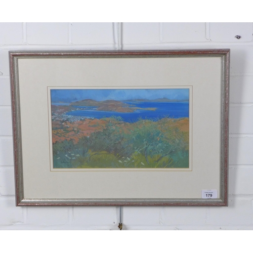 179 - IRENE HALLIDAY RSW (SCOTTISH 1931 - 2023), Over Patmos,  signed gouache, framed under glass, 34 x 20... 