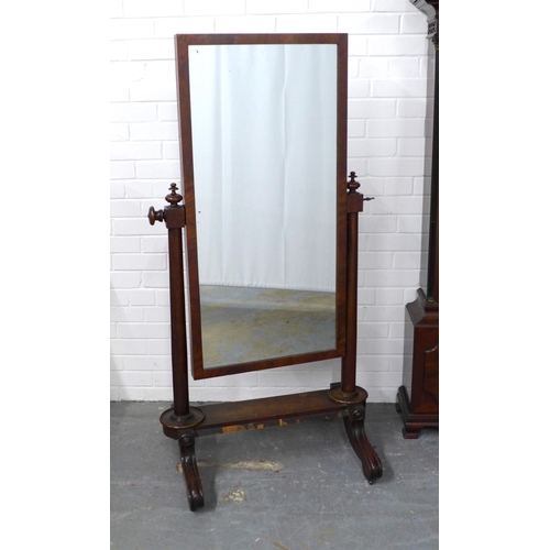 437 - Mahogany cheval mirror, (a/f with veneer loss and missing side pin) 76 x 150cm