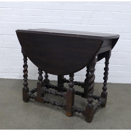 438 - Oak gateleg table with barley twist legs, (a/f top split) 82 x 65cm