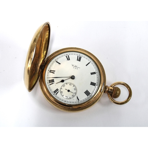 11 - Waltham, USA demi-hunter gold plated pocket watch, the white enamelled dial set with Roman numerals,... 