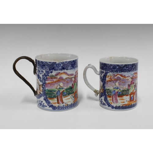 112 - Two Chinese Qing Dynasty famille rose tankards, with underglaze blue and white borders and painted w... 