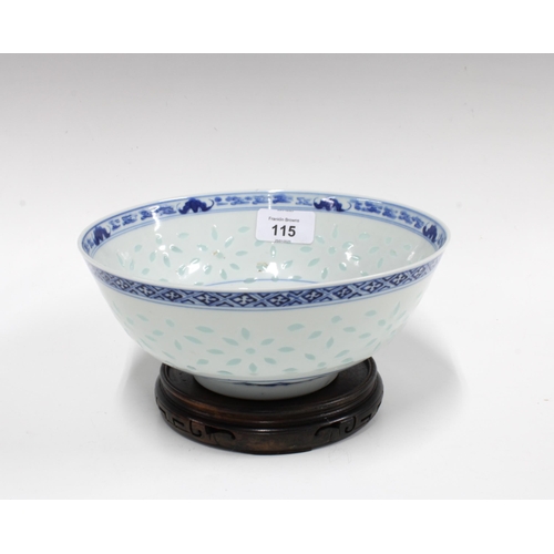 115 - Chinese blue and white rice grain bowl painted with a phoenix , 21 x 8cm, on wooden stand