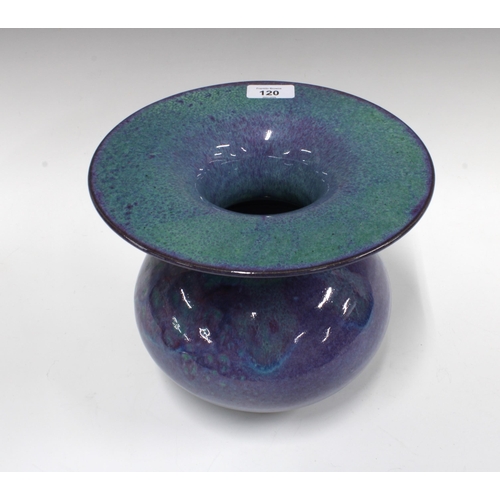 120 - A David Fry studio pottery vase in blue, purple and green, with a flattened wide rim, stamped undern... 