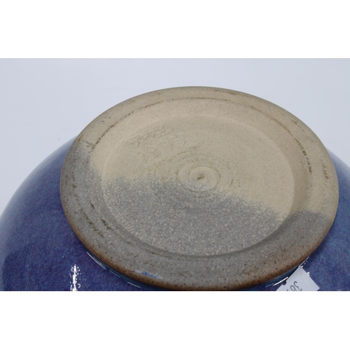 120 - A David Fry studio pottery vase in blue, purple and green, with a flattened wide rim, stamped undern... 