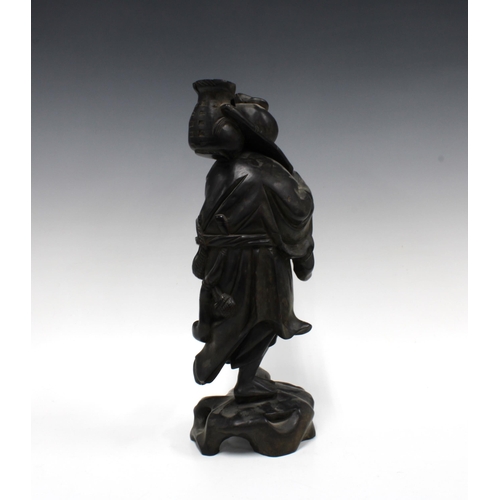 134 - Chinese wooden figure of a fisherman, 36cm (possibly a lamp base)