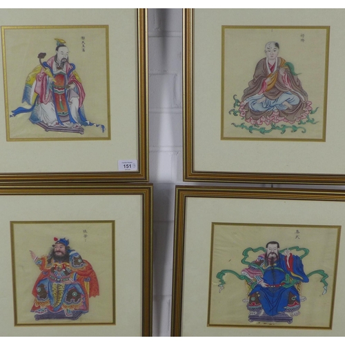 151 - A set of four late 19th / early 20th century Chinese watercolour & ink paintings on silk of Daoist d... 