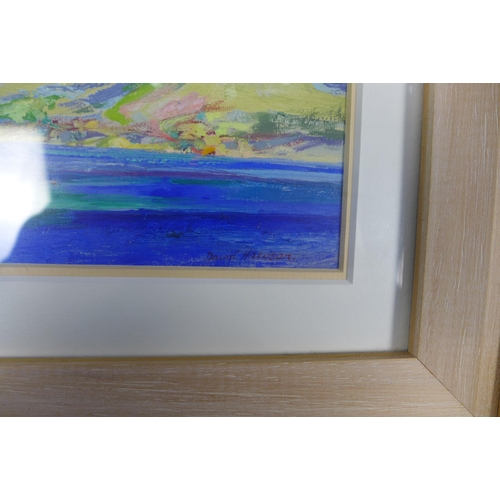 158 - DAVID HAWSON (Scottish) LOCH BUIE, signed oil on card, framed under glass, 15 x 14cm