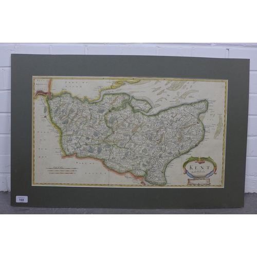 168 - KENT by ROBERT MORDEN, 1695 hand coloured map, with titled cartouche, unframed, plate size, 62 x 34c... 