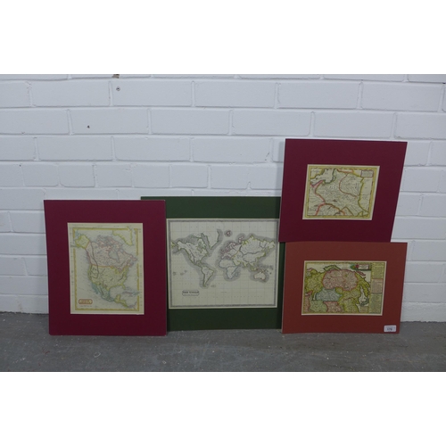 170 - A group of unframed maps and prints to include, THE WORLD on MERCATOR'S PROJECTION, NORTH AMERICA to... 