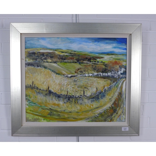 177 - TOM KIRKWOOD (SCOTTISH CONTEMPORARY), UNTITLED LANDSCAPE, signed oil on board, framed, 59 x 49cm