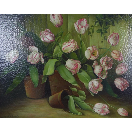 180 - F De Villeneuve, oleograph of tulips, framed, 80 x 64cm