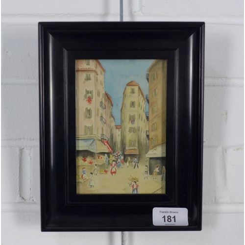 181 - Early 20th century watercolour of a continental market square, signed Nussbaum, framed under glass, ... 