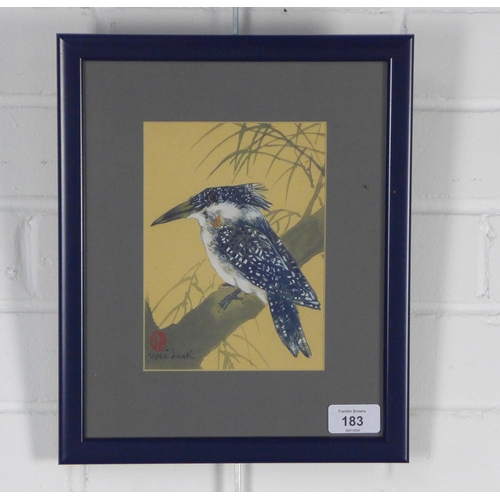 183 - WEI LEAK, watercolour of a bird, signed and with red seal mark, framed under glass, 13 x 19cm