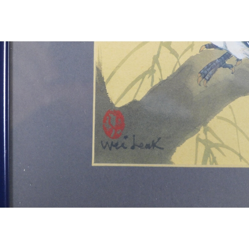 183 - WEI LEAK, watercolour of a bird, signed and with red seal mark, framed under glass, 13 x 19cm