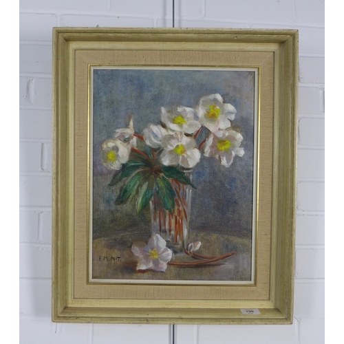 190 - E.M.M.T, vase with flowers, still life oil on canvas, signed with initials and framed, 34 x 44cm