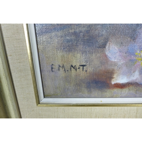 190 - E.M.M.T, vase with flowers, still life oil on canvas, signed with initials and framed, 34 x 44cm