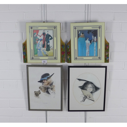 200 - A pair of Art Deco frames with fashion prints, 32 x 30cm overall, & two Harrison framed prints (4)