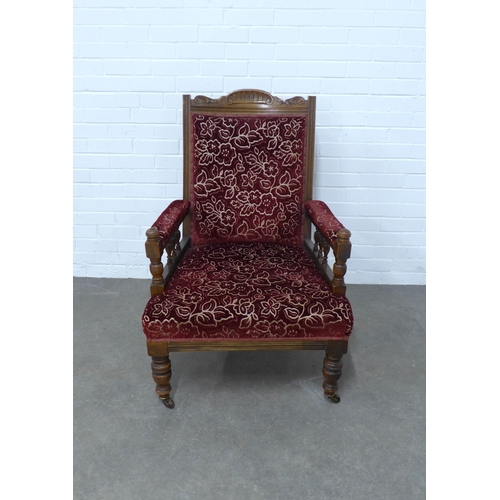 214 - Late 19th / early 20th century mahogany framed armchair, plush red upholstery, 71 x 102 x 57cm.