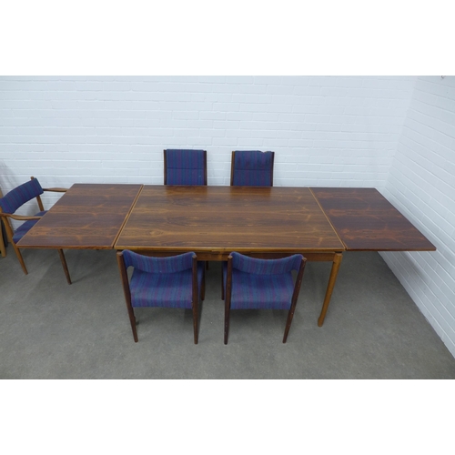 216 - Mid Century extending dining table with six chairs comprising three pairs of matched chairs with the... 