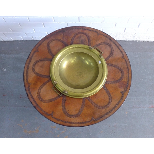 225 - Brazier Brassro table with circular leather top on a teak base, 80 x 40cm