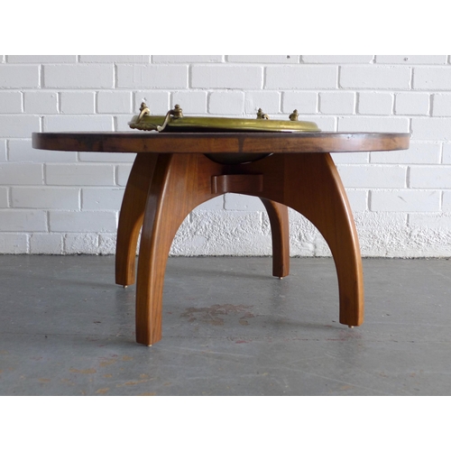 225 - Brazier Brassro table with circular leather top on a teak base, 80 x 40cm