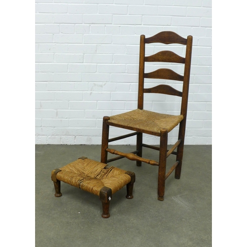 247 - Arts & Crafts Lancashire ladderback chair with rush seat, 46 x 95cm, together with a small rush stoo... 